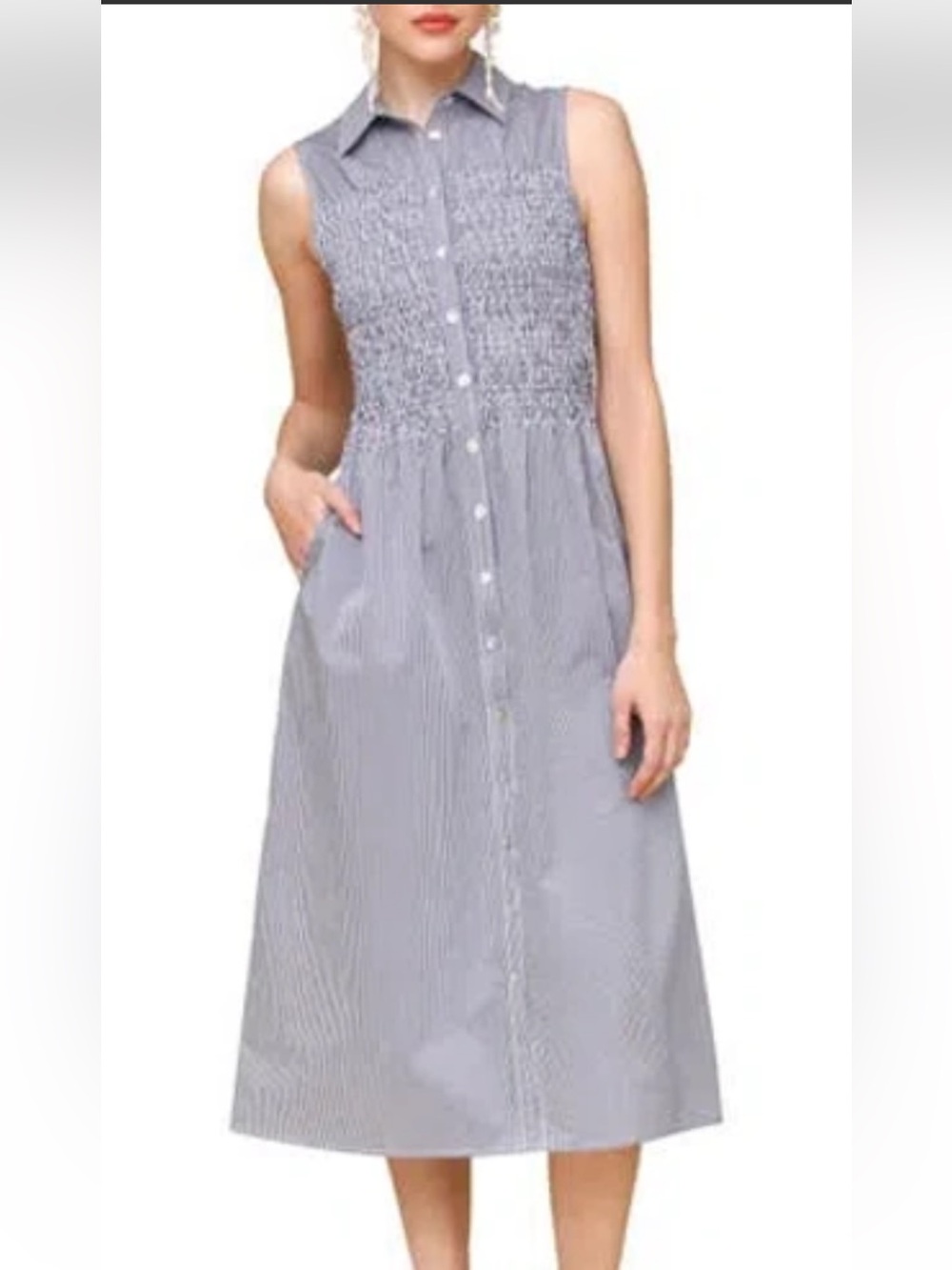 Avec Les Filles blue white striped smocked sleeveless shirtdress with pockets